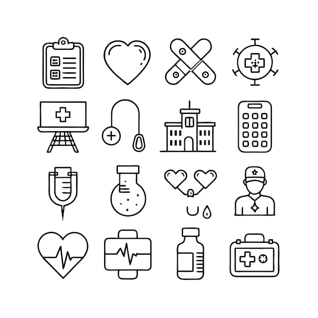Vector de colección de iconos médicos y sanitarios para documentos de interfaz de usuario, sitios web y aplicaciones móviles