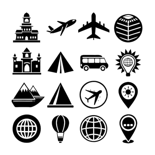 Vector de colección de iconos de viajes y turismo para documentos de interfaz de usuario, sitios web y aplicaciones móviles