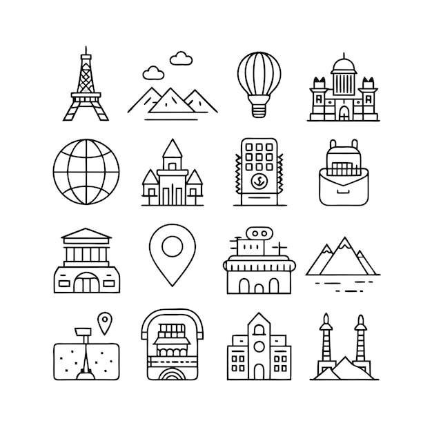 Vector de colección de iconos de viajes y turismo para documentos de interfaz de usuario, sitios web y aplicaciones móviles