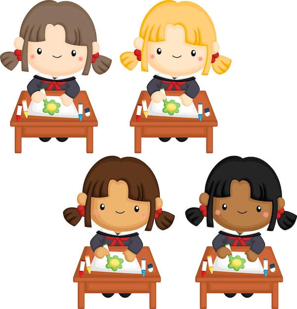 Un vector de colegialas con múltiples tonos de piel.