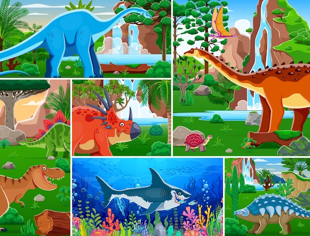 Vector de collage de dibujos animados de dinosaurios prehistóricos