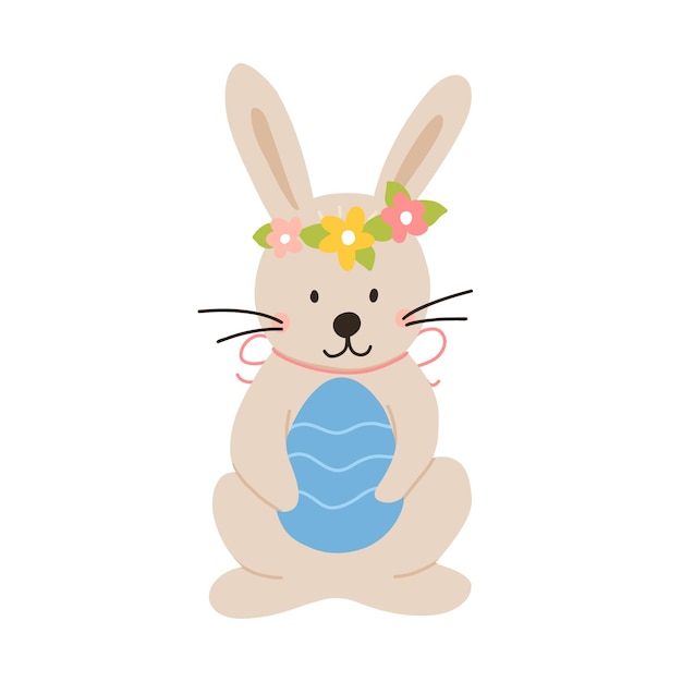 Vector color dibujado a mano niños lindo cartel de pascua con conejito corona de flores en estilo escandinavo sobre un fondo blanco conjunto de pascua primavera feliz pascua