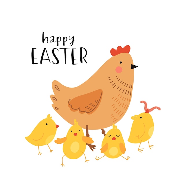 Vector color dibujado a mano niños lindo cartel de Pascua con pollo y pollitos en estilo escandinavo sobre un fondo blanco Conjunto de Pascua Primavera Feliz Pascua