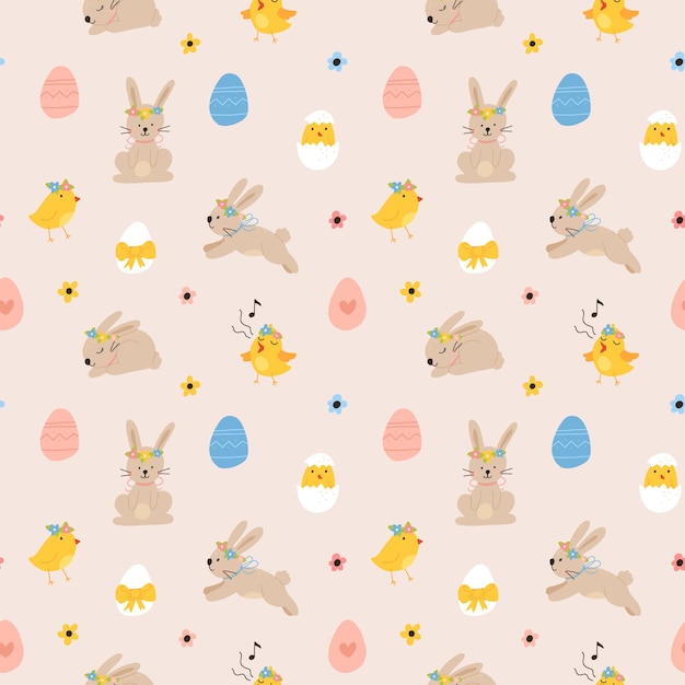 Vector color dibujado a mano niños lindo patrón sin costuras de Pascua con gallinas conejito huevos de Pascua flores en estilo escandinavo Conjunto colorido de Pascua Fondo de primavera de dibujos animados de Doodle Feliz Pascua