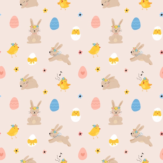 Vector color dibujado a mano niños lindo patrón sin costuras de Pascua con gallinas conejito huevos de Pascua flores en estilo escandinavo Conjunto colorido de Pascua Fondo de primavera de dibujos animados de Doodle Feliz Pascua