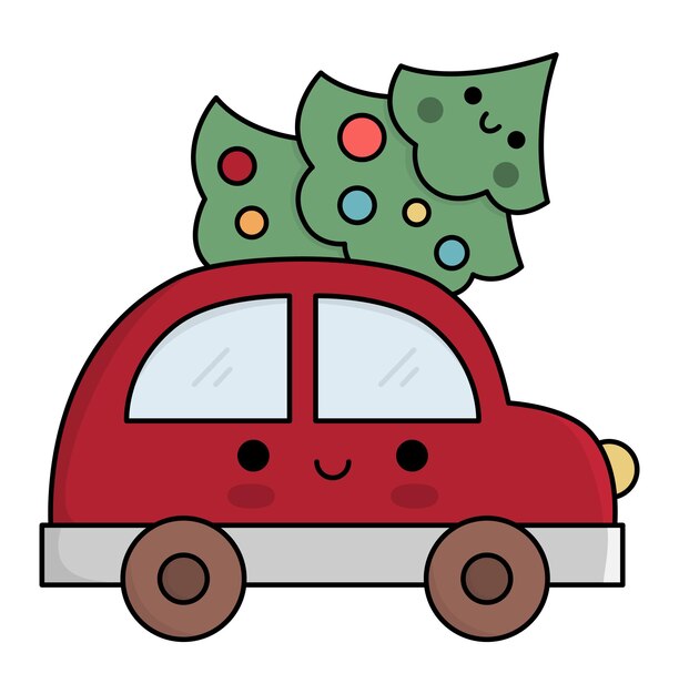 Vector, coloreado, kawaii, coche, con, árbol de navidad, lindo, invierno, automóvil, ilustración, aislado, blanco, plano de fondo, año nuevo, transporte, con, adornado, abeto, divertido, caricatura, feriado, icono