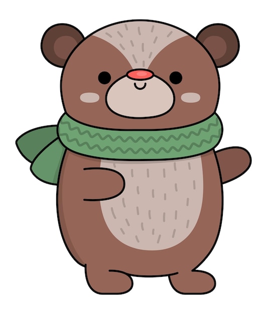 Vector, coloreado, kawaii, oso, en, bufanda, lindo, navidad, animal, carácter, ilustración, aislado, blanco, plano de fondo, año nuevo, o, invierno, sonriente, teddy, divertido, caricatura, feriado, icono