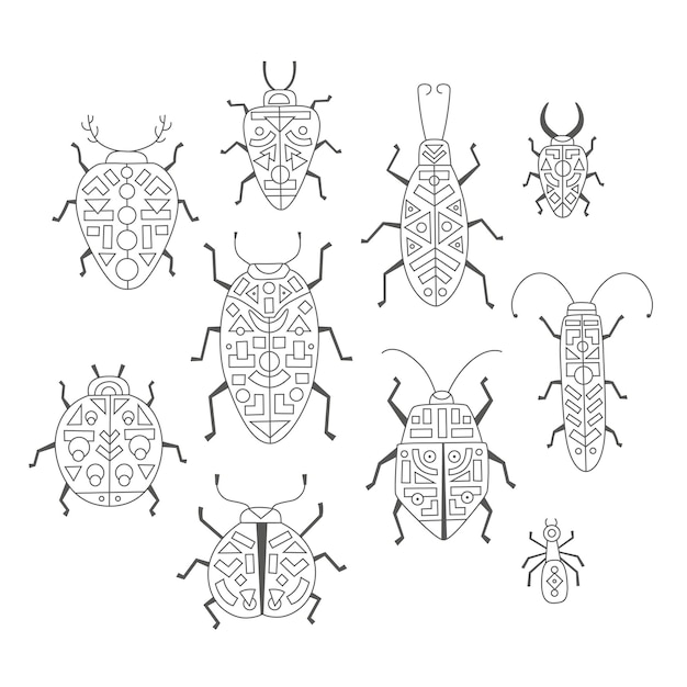 Vector para colorear página del libro Bug cucaracha hormiga mariquita ilustraciones Línea elementos geométricos