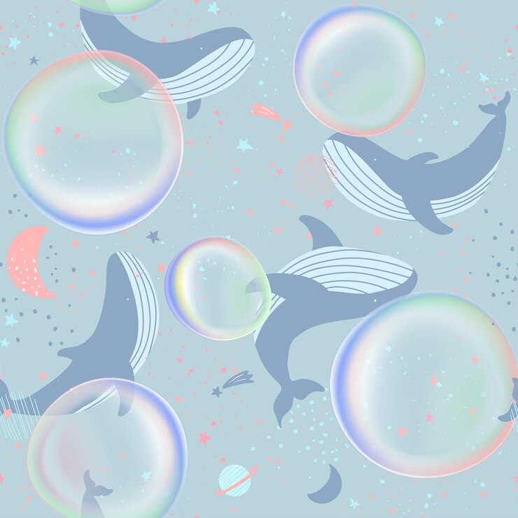 Vector colores pastel burbujas y ballenas en el espacio ultraterrestre sueño de patrones sin fisuras para niños y bebés