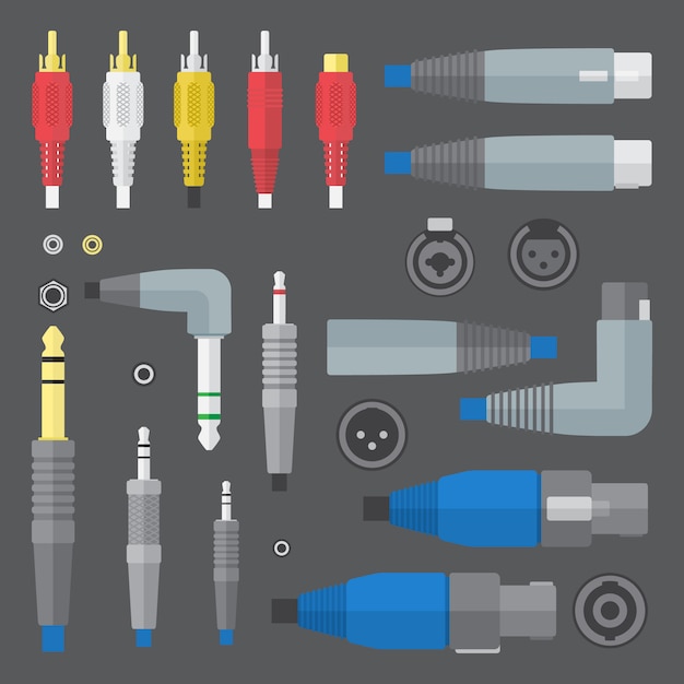 Vector de colores planos varios conectores de audio y conjunto de entradas