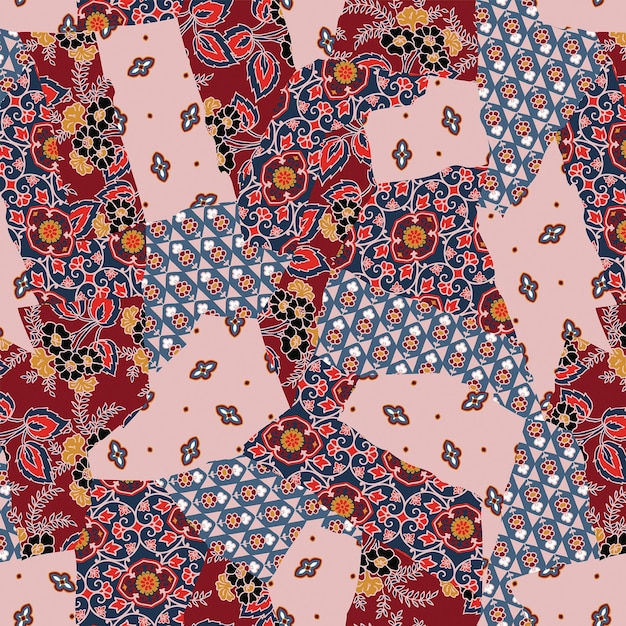 Vector colorido abstract mano dibujado patrón de patchwork sin costuras con adornos florales y plantas