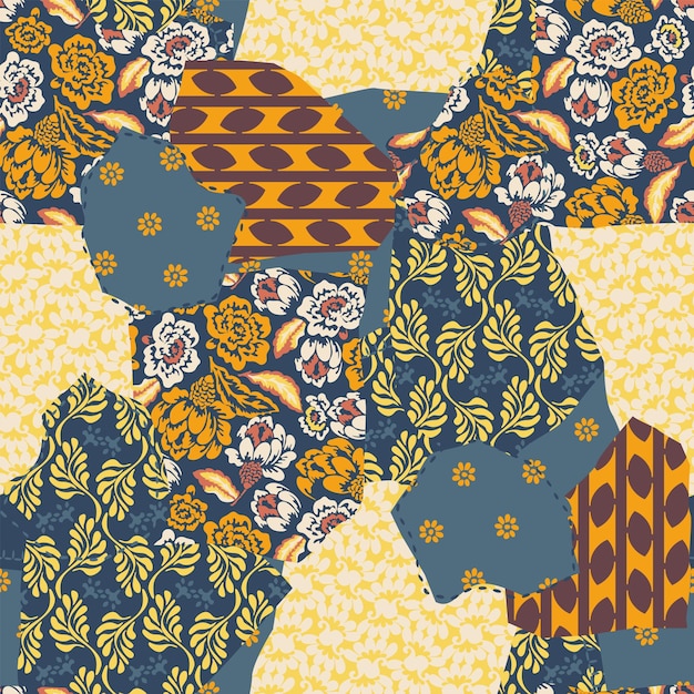 Vector colorido abstracto dibujado a mano patrón de patchwork sin costuras con adornos de peonía
