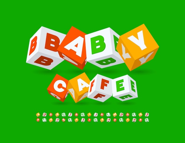 Vector colorido cartel Baby Cafe Creative Kids Font Alfabeto cúbico Letras y números establecidos