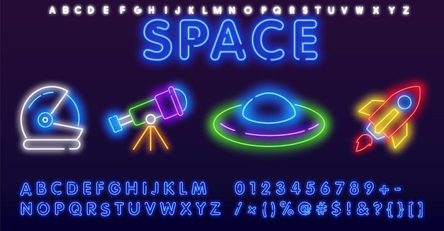 Vector colorido conjunto de iconos de lámpara de neón espacial planetas cohetes brillantes nave alienígena sol luna cometa y st