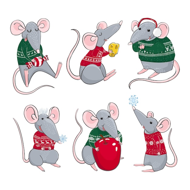 Vector colorido conjunto con ilustraciones de ratas usan suéteres de Navidad. Personajes de año nuevo y navidad. Se puede utilizar como elementos para su diseño de tarjetas de felicitación, calendarios, impresiones.