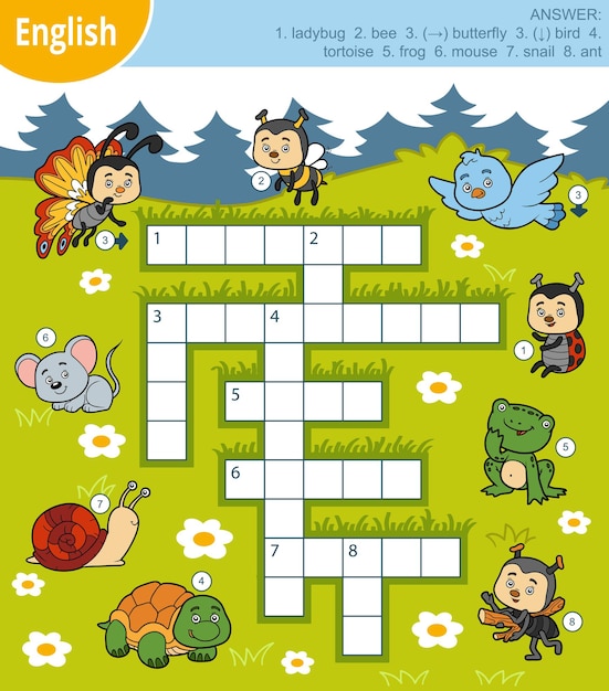 Vector colorido crucigrama en inglés, juego educativo para niños sobre animales