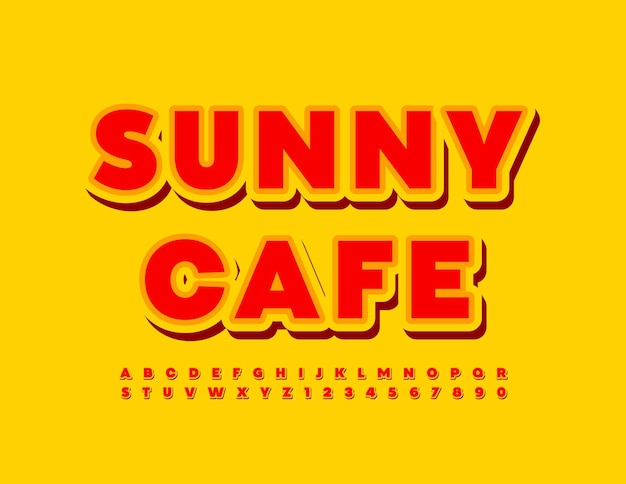 Vector colorido emblema Sunny Cafe. Fuente moderna brillante. Letras y números del alfabeto creativo