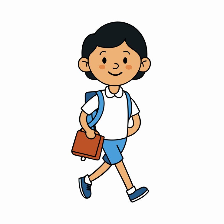 Un vector colorido de un estudiante sonriente con una bolsa de la escuela caminando y con ropa casual