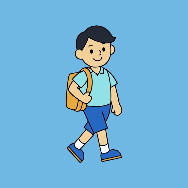 Un vector colorido de un estudiante sonriente con una bolsa de la escuela caminando y con ropa casual