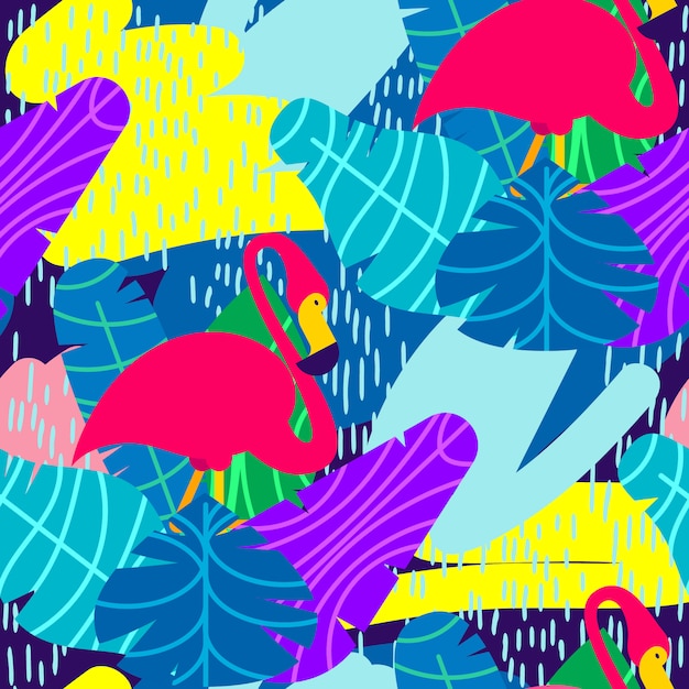 Vector colorido de patrones sin fisuras Flamenco rosado y hojas tropicales.