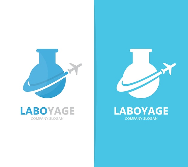 Vector de combinación de logotipo de frasco y avión Símbolo o icono de laboratorio y viaje plantilla de diseño de logotipo único de vuelo y ciencia