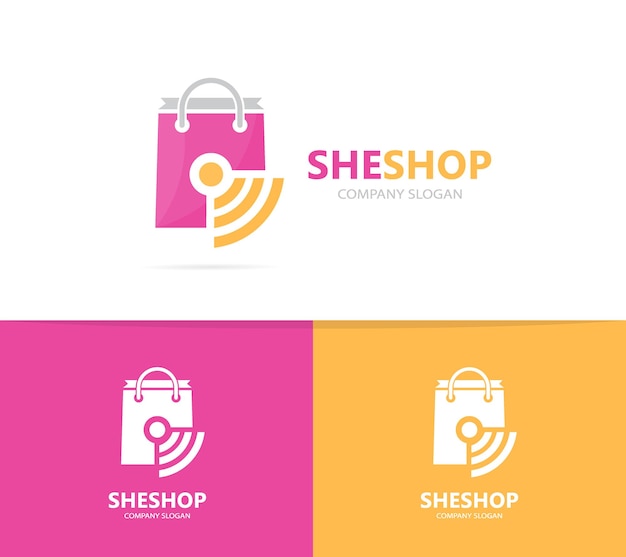 Vector de combinación de logotipo de tienda y wifi Símbolo o icono de venta y señal Plantilla de diseño de logotipo único de bolsa y radio de Internet