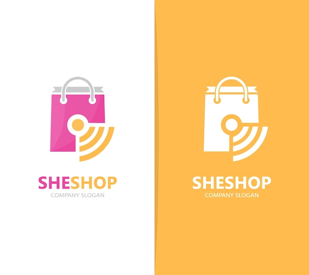 Vector de combinación de logotipo de tienda y wifi Símbolo o icono de venta y señal Plantilla de diseño de logotipo único de bolsa y radio de Internet