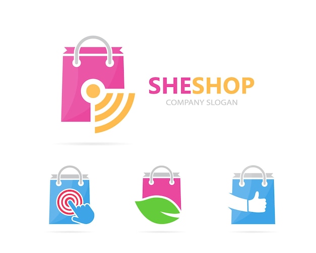 Vector de combinación de logotipo de tienda y wifi Símbolo o icono de venta y señal Plantilla de diseño de logotipo único de bolsa y radio de Internet