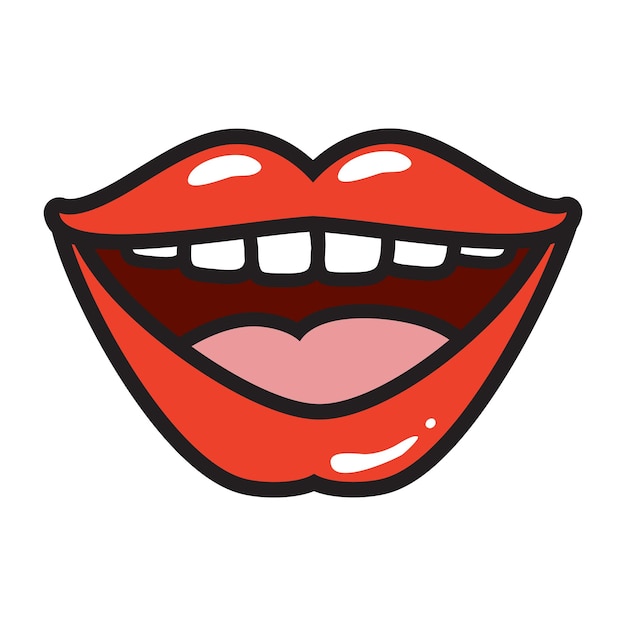 Vector, cómico, hembra, labios rojos, pegatina, mujeres, boca, con, lápiz labial, en, vendimia, cómico, estilo, rop, arte, retro