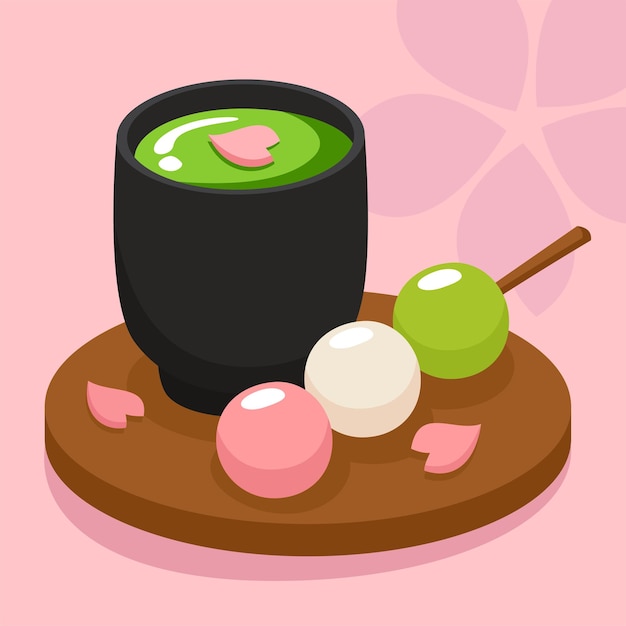 Vector Comida asiática Cocina japonesa Dango y té Matcha