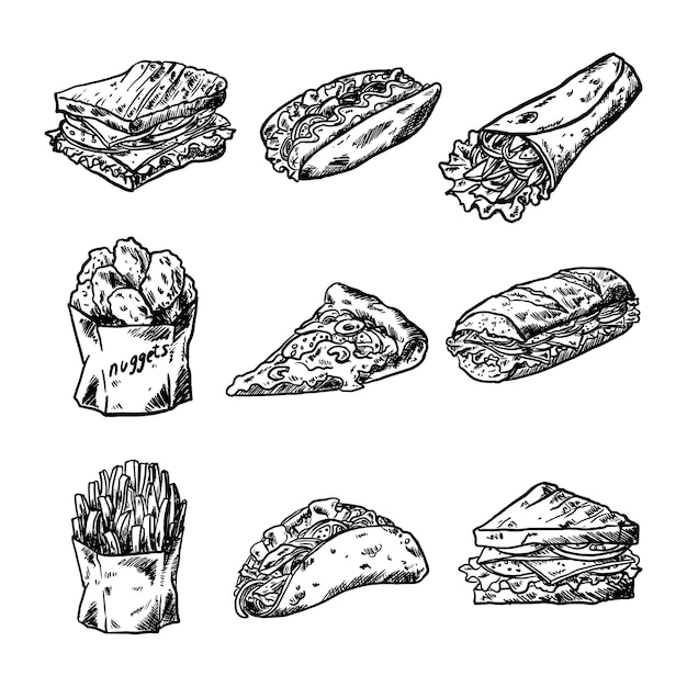 Vector de comida chatarra dibujado a mano