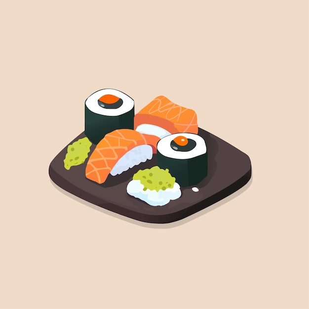 Vector comida japonesa sushi sabroso auténtico platos tradicionales asiáticos ilustración vectorial plana