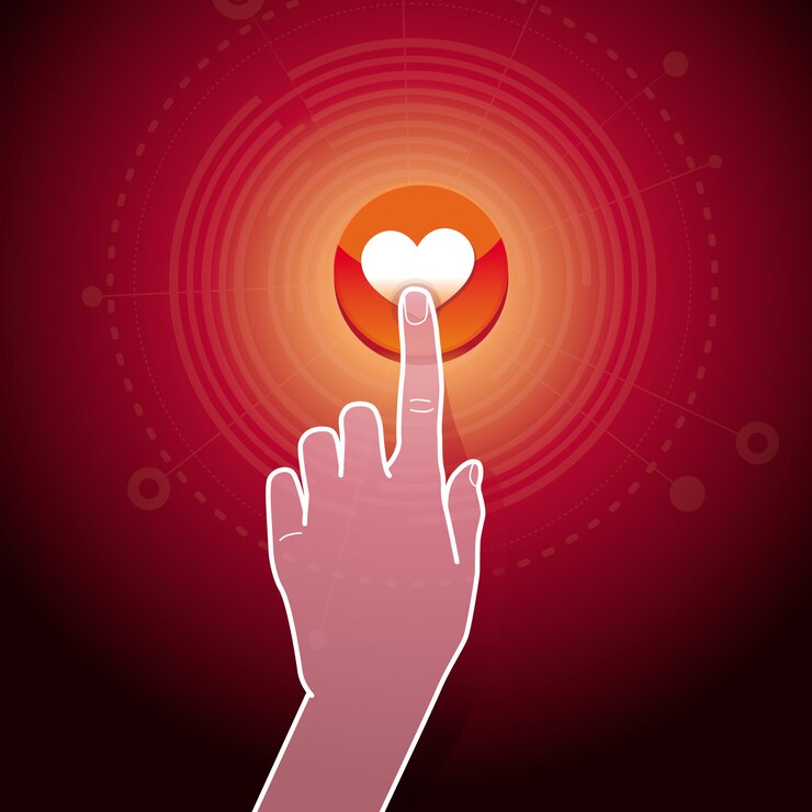 Vector vector como concepto - mano tocando el botón con signo de corazón