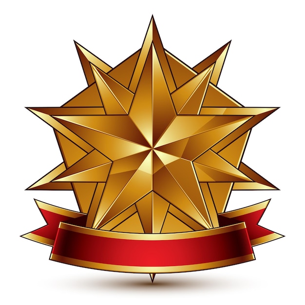 Vector vector complicado elemento de diseño brillante, lujosa estrella dorada poligonal 3d colocada en un blasón decorativo, escudo de armas gráfico conceptual con cinta roja ondulada, eps transparente 8.