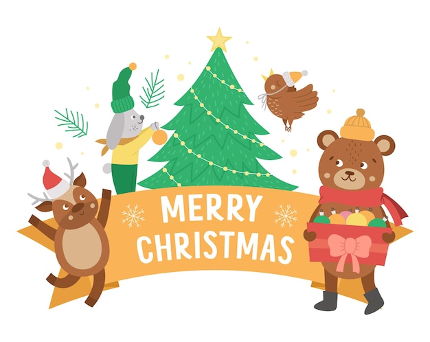 Vector composición de feliz Navidad con texto, animales lindos, abeto. Diseño de fondo de vacaciones de invierno divertido para pancartas, carteles, invitaciones. Plantilla de tarjeta de año nuevo
