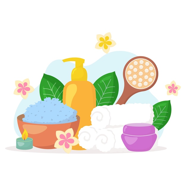 Vector composición de salón de belleza de spa botellas de cosméticos toallas flores velas aisladas en blanco