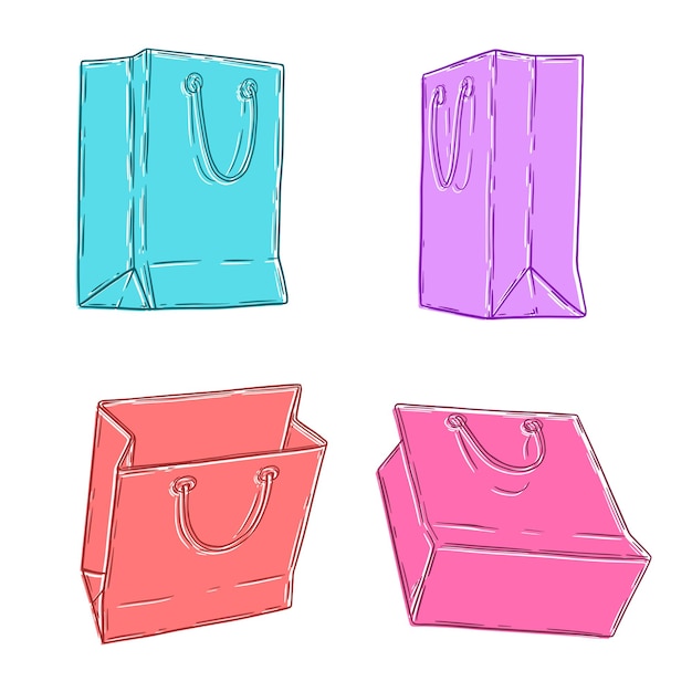 Vector de compras dibujado a mano conjunto de bolsas coloridas aisladas en blanco