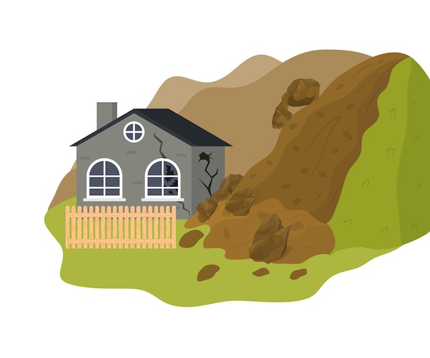 Vector de concepto de construcción de casas y deslizamientos de tierra en color de dibujos animados