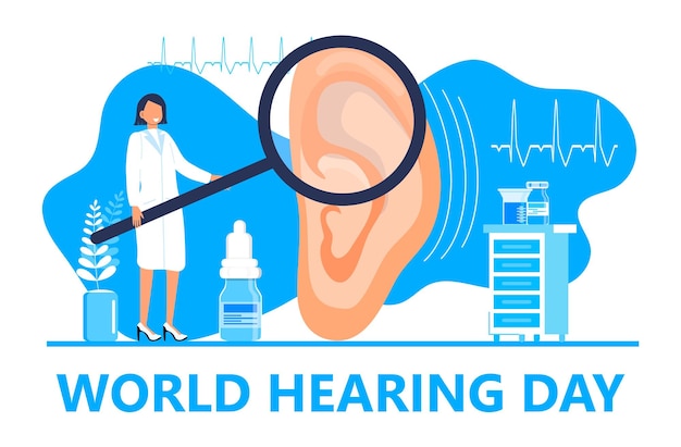 Vector de concepto del día mundial de la audición para la aplicación web de banner médico El pequeño médico trata y examina el cuidado de la salud de otorrinolaringología del oído del paciente