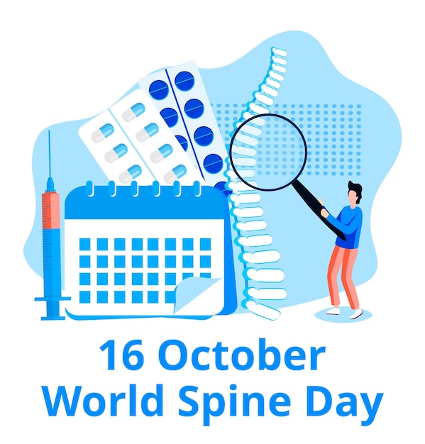 Vector de concepto del día mundial de la columna vertebral El evento se celebra el 16 de octubre Esqueleto y médicos