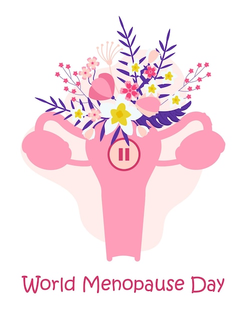 Vector del concepto del día mundial de la menopausia el evento se celebra el 18 de octubre útero con flores tropicales y hojas señal de pausa dentro