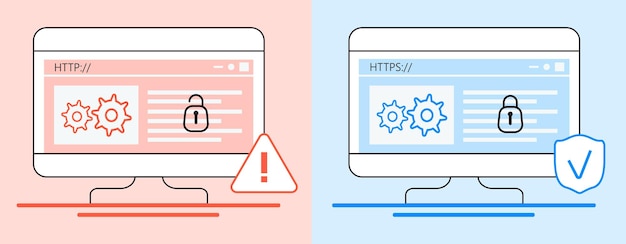 Vector de concepto de diferencia de protocolos HTTP y HTTPS Se muestra la seguridad cibernética para la aplicación del sitio web El bloqueo se abre y se cierra en la ilustración de capturas de pantalla