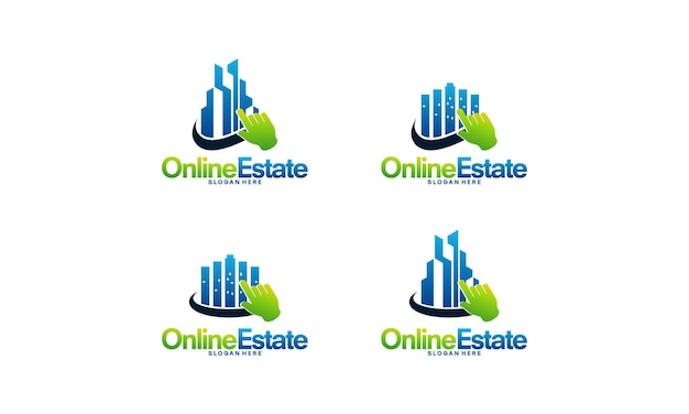 Vector de concepto de diseños de logotipo de bienes raíces en línea, vector de plantilla de logotipo de edificio simple