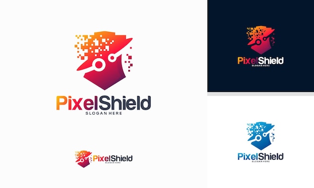 Vector de concepto de diseños de logotipo de pixel shield, plantilla de logotipo seguro de tecnología elegante