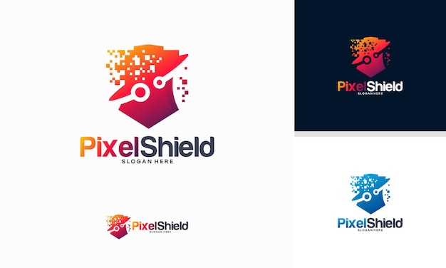 Vector de concepto de diseños de logotipo de Pixel Shield, plantilla de logotipo seguro de tecnología elegante