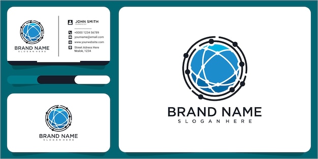 Vector de concepto de diseños de logotipo de tecnología de píxeles, símbolo de logotipo de red de Internet, concepto de diseño de logotipo de red con tarjeta de visita