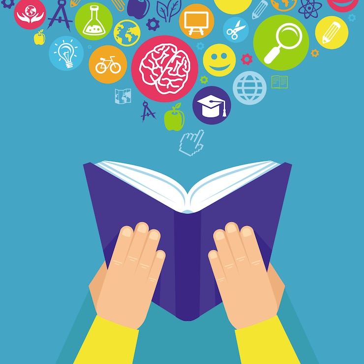 Vector vector concepto de educación - manos sosteniendo el libro en estilo retro plana