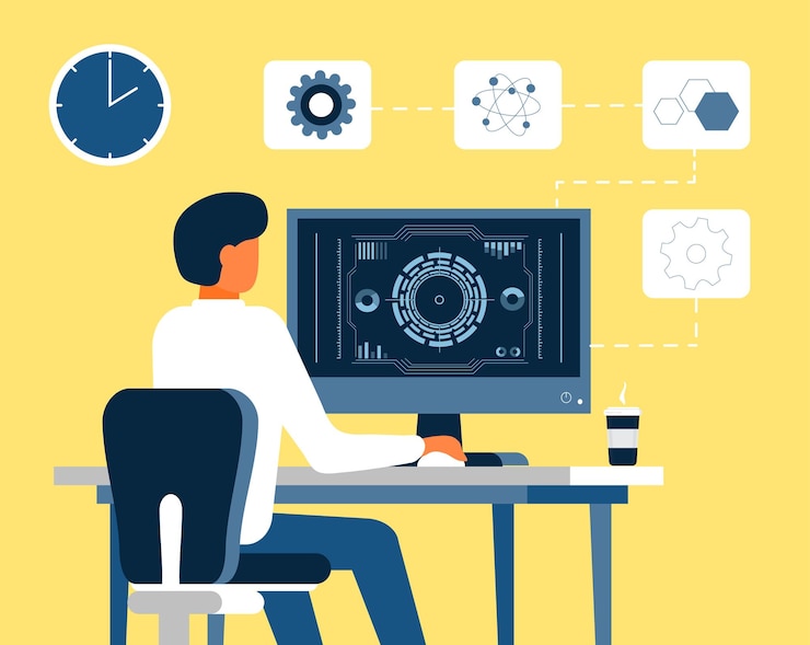 Vector vector de concepto de freelancer trabajo remoto en casa para el programador seo manager forex trader está trabajando en línea mat sentado frente a la pantalla de la computadora con gráficos y hud
