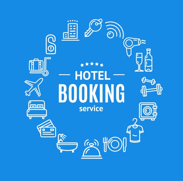 Vector de concepto de icono de línea de plantilla de diseño redondo de reserva de hotel