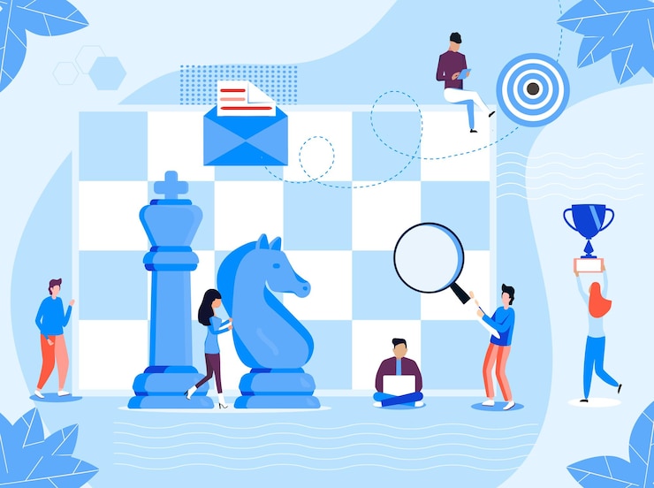 Vector vector de concepto de juego de ajedrez la gente trabaja ilustración de estrategia de marketing empresarial